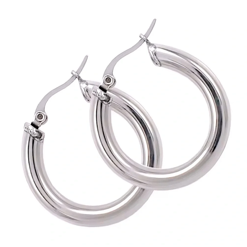 Large Tubular 18k‎ White Gold Filled Hoop Earrings, 30mm